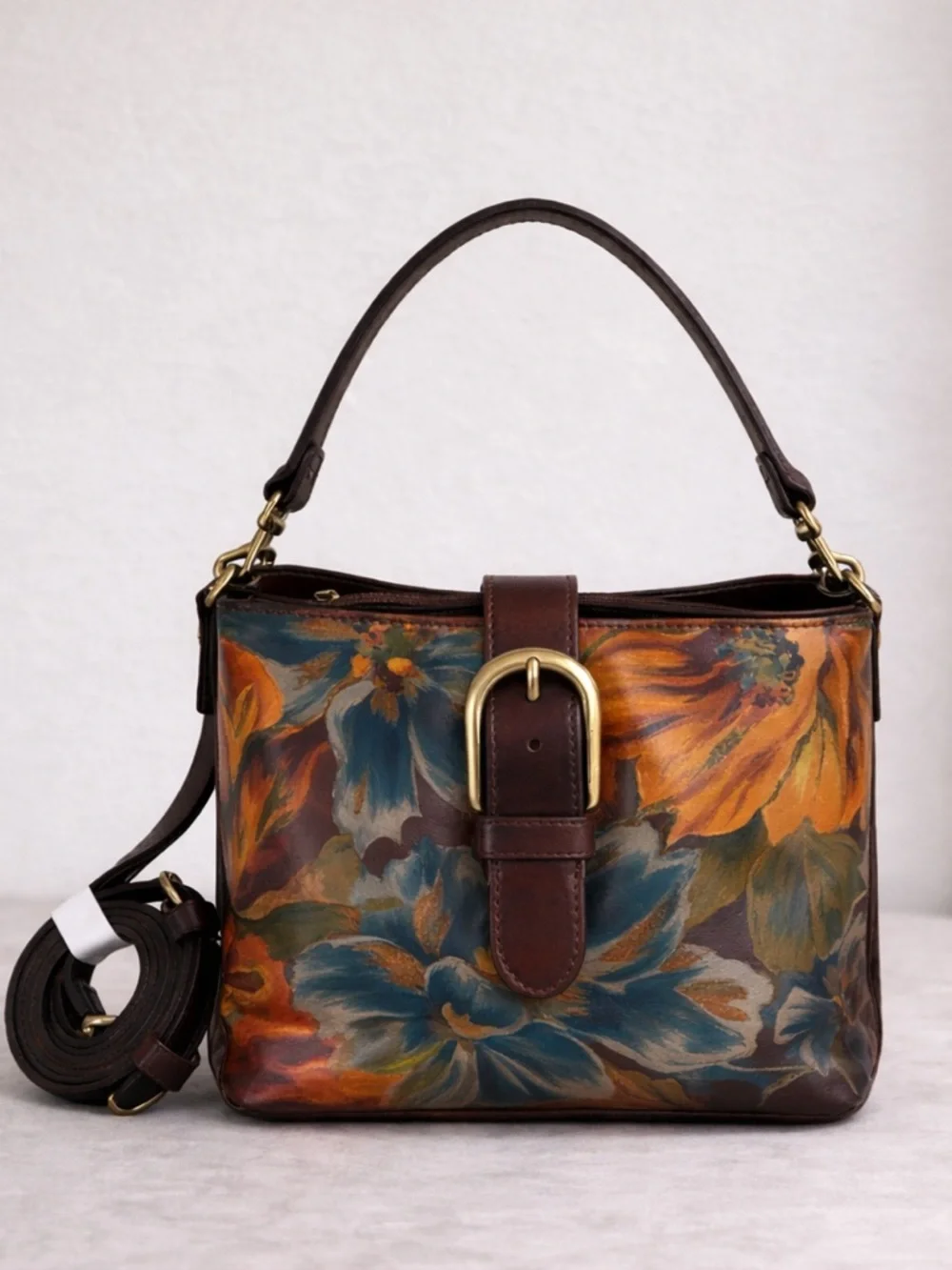 Patricia Nash Irving Bucket Handbag Leather Disstressed  Marigold Harvest Floral
